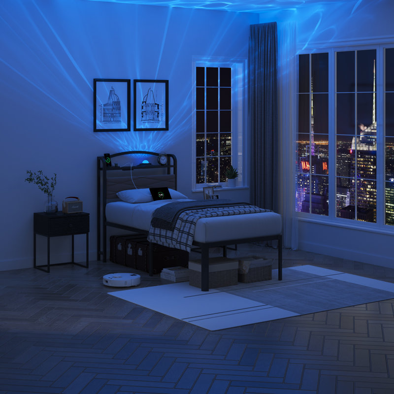 Upholstered Bed Frame With Storage Headboard, Charging Station, Galaxy Aurora Projector, Twin