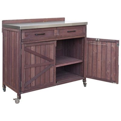 39.4" Outdoor Kitchen Island With Stainless Table Top, Outdoor Storage Kitchen Cabinet With One Large Drawer, Adjustable Shelves, Internal Storage Racks & 4 Wheels For Pizza Prep, Dark Brown