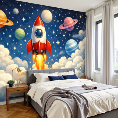 kids Peel and Stick Wallpaper Cartoon Rocket Launching into Starry Space Planets Clouds Cute Fantasy Wall Murals 100"H x 144"W Removable PVC Wall Paper Self-Adhesive Wall Decor for Bedroom Living Room Home Office