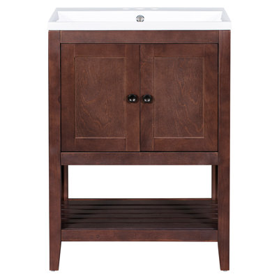 Lavabo de salle de bain moderne élégant en céramique 24 po avec tablette ouverte en bois massif