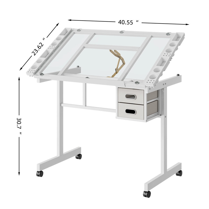 Bureau de dessin réglable réglable avec 2 tiroirs en tissu et 4 roulettes, Blanc