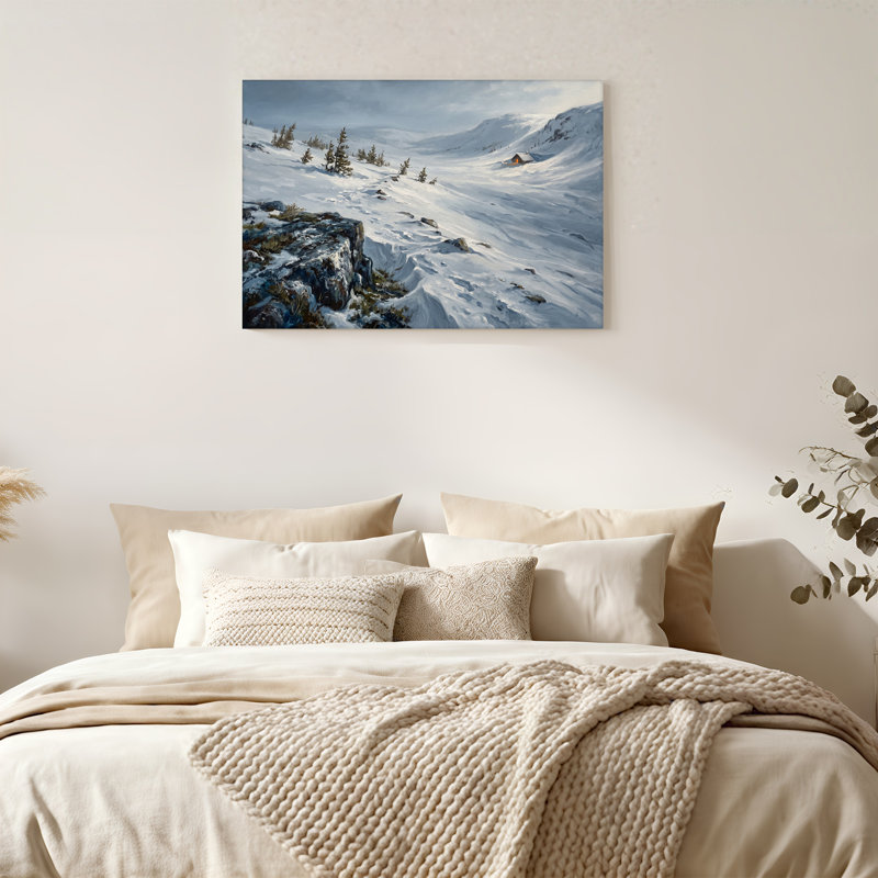 «Winter Landscape with Snowy Cabin and Pine Trees», peinture sur toile, H 28 po x l 40 po