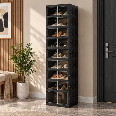 Foldable Shoe Storage Organizer, Extra Large Shoe Rack with Magnetic Transparent Door & Wheels, 9 Tiers 18 Grids with 2 Large Compartments, Portable Shoe Storage Box for Closet