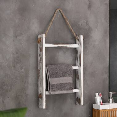 Whitewashed Wall Mounted Bathroom Organizer Rack with Towel Bar