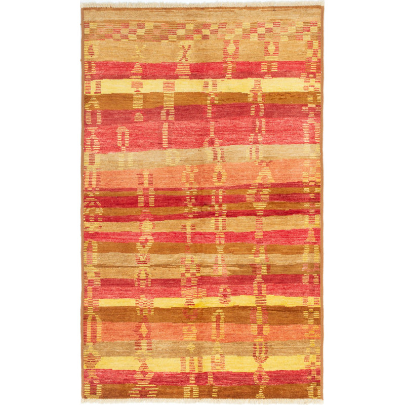 Tapis unique en laine noué à la main jaune et rouge des années 2010 de 6 pi x 9 pi 9 po Quintavion