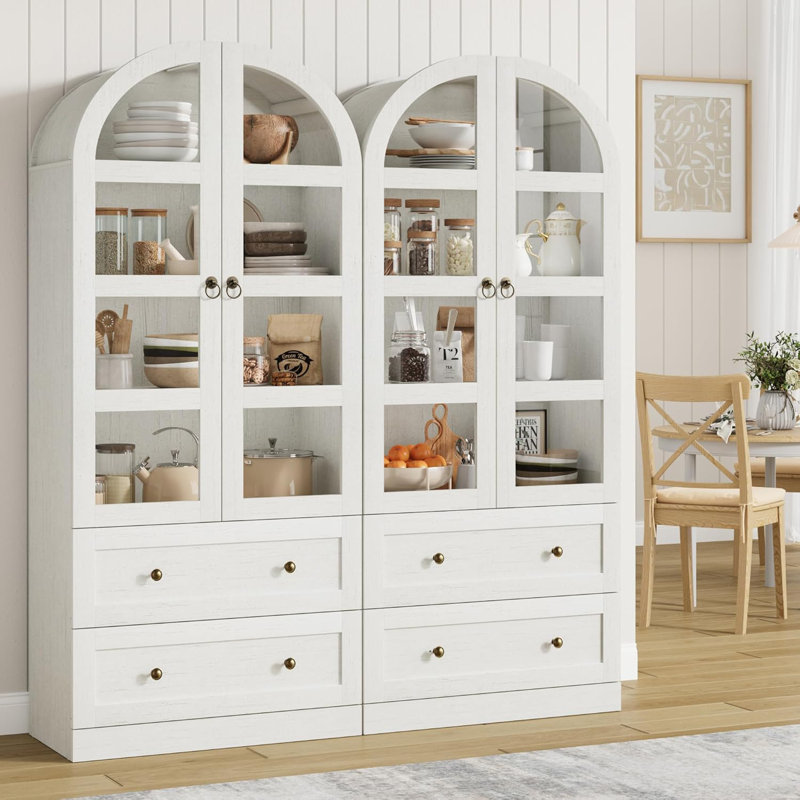 71" Wood Arched Bookcase Cabinet with Doors & Drawers, Large Farmhouse Bookshelf for Living Room & Office, Retro Gray, White