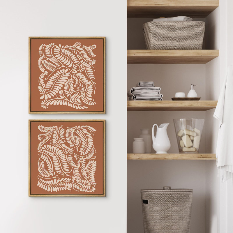 "Botanical Leaf Pattern Modern Art Minimalist" 2 pièces, H 24 po x l 24 po, Natural Floater Framed