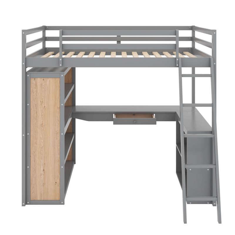 Lit mezzanine double avec tablettes et bureau, Gris