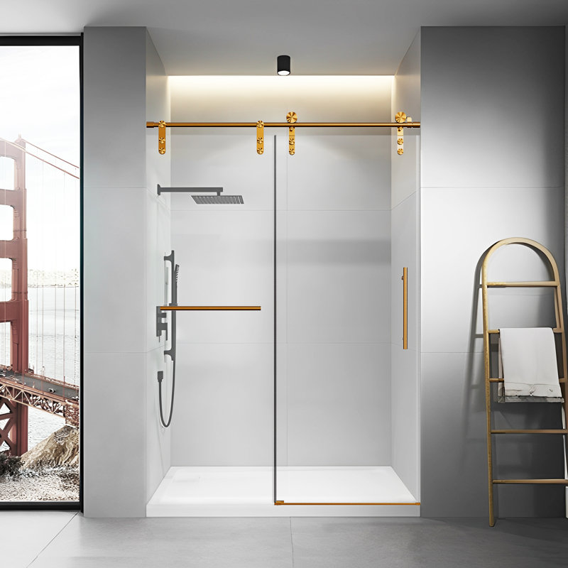 50-54" W * 76" H Frameless Single Sliding Shower Doors Without Soft-close, Bathroom Sliding Shower Door With Towel Rail And Auxiliary Handle, 5/16" (8mm) Thick Sgcc Tempered Glass Door, Brushed Gold