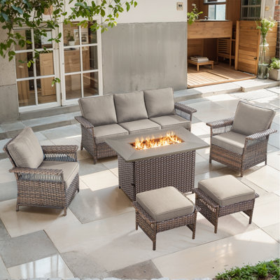Anferney 6-Pieces Outdoor Wicker Patio Sofa Seating Group with Fire Pit Table and Ottomans