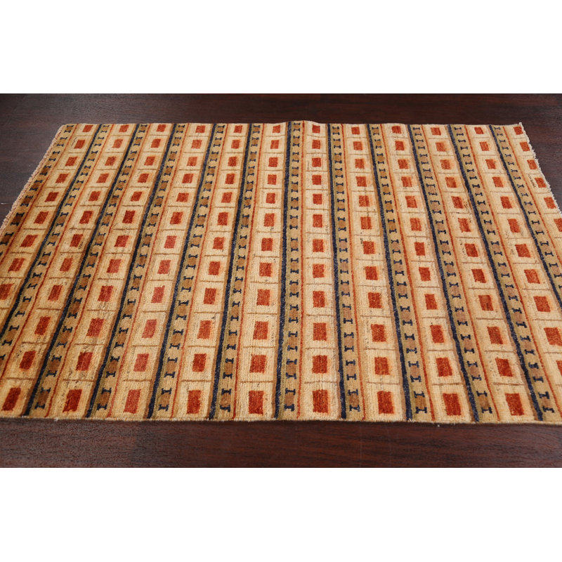Tapis beige noué à la main de conception unique 3 pi 11 po x 6 pi 0 po