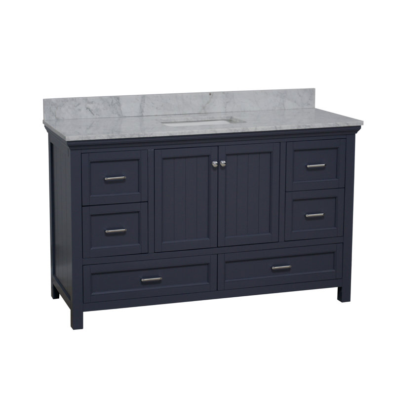Ensemble de meuble-lavabo simple 60 po Maven avec comptoir gris marine et comptoir en marbre de Carrare, Gris marine