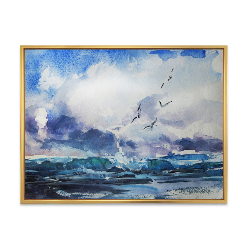 Vague et goélands - Peinture sur toile, H 12 po x l 20 po x P 1 po, Cadre flottant doré