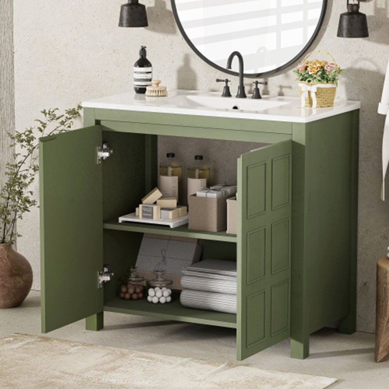 Organisateur de meuble-lavabo 36 "avec lavabo en céramique, Vert olive