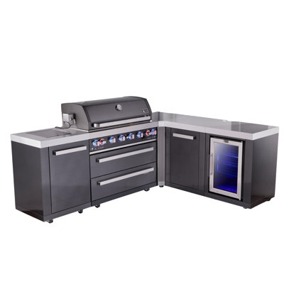 Mont Alpi 94"W x 75"D x 46"H Premium Black Stainless Steel L-shaped Modular Outdoor Kitchen Island with Refrigerator + 44"W 6-Burner BBQ Grill + Side Burner + Granite Countertops + Storage Cabinets + Cover + Natural Gas Convertible + Lifetime Warranty