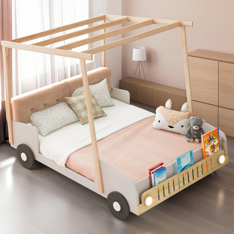 Ceiling Cloth Kids Upholstered Headboard Car Bed With Car Light shape LED, Full
