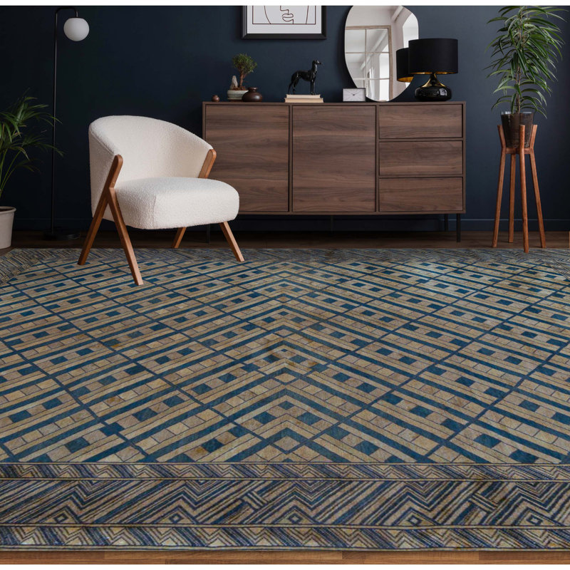 Wool Geometric Area Rug in Brown/Blue/Beige