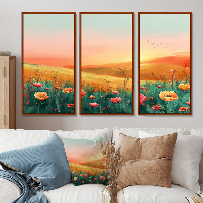Flower Meadows At Sunset I - Ensemble de décorations murales fleurs, Toile avec cadre flottant brun