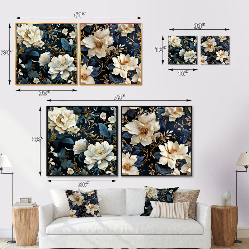 Grateron - Ensemble de 2 collages carrés floraux, Cadre flottant noir, H 16 po x l 33 po