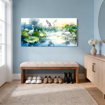 Ensemble de 1 tableau sur toile tendue à l'aquarelle représentant des aigrettes et des fleurs de lotus