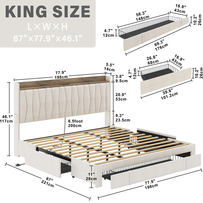 Upholstered Bed Frame with 3 Drawers, Bed with Storage Headboard and Charging Station, Beige, King