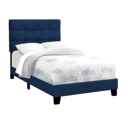 Blue Velvet Upholstered Twin Bed Frame, Modern Transitional Bedroom Covered Bed, Stylish