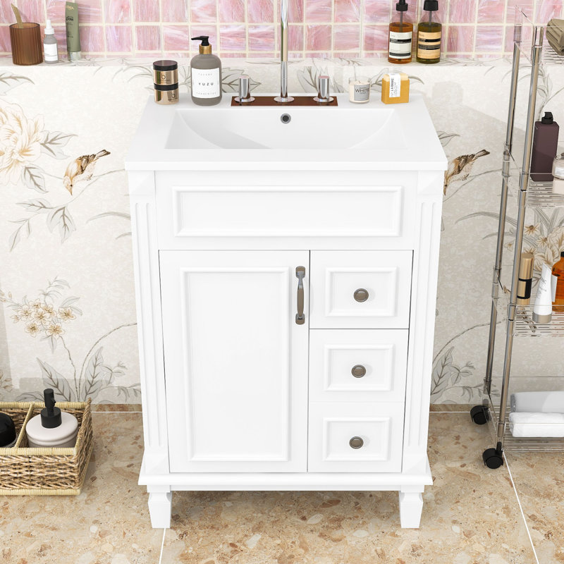 Élégant meuble-lavabo de style français avec lavabo, 2 tiroirs, tablette réglable, Blanc