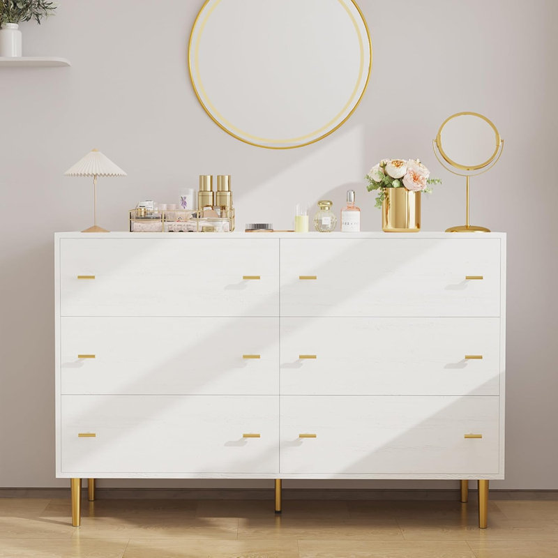 6-Drawer Dresser, Wood Construction, 47.2" W, Farmhouse Style for Bedroom and Living Room, White