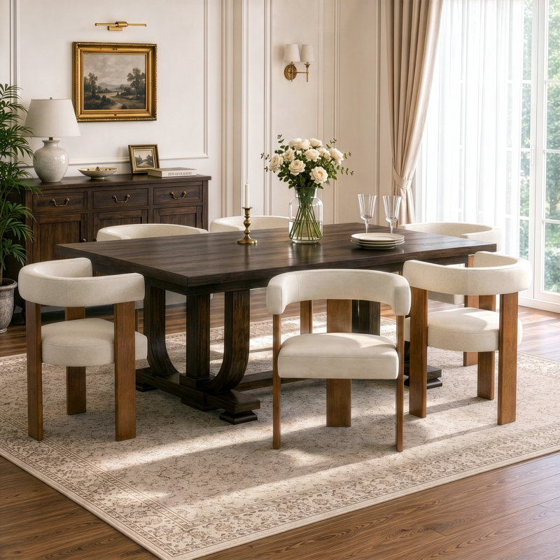 Chaise de salle à manger cylindrique en chenille de style milieu du siècle avec structure en noyer (ensemble de 6), Beige, 6