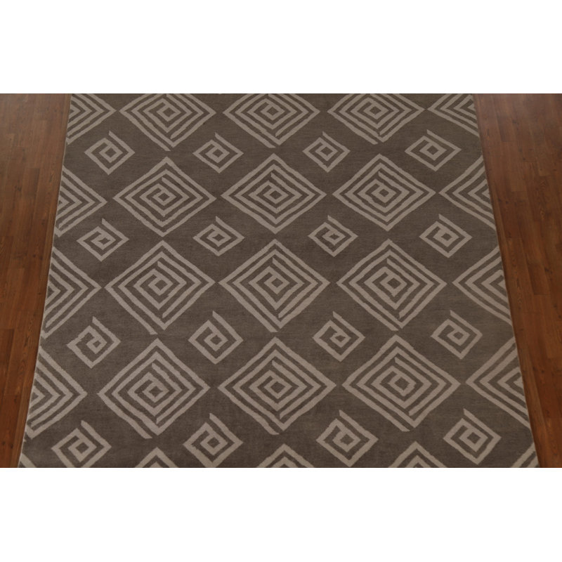 Tapis brun géométrique en laine noué à la main 7 pi 9 po x 9 pi 10 po