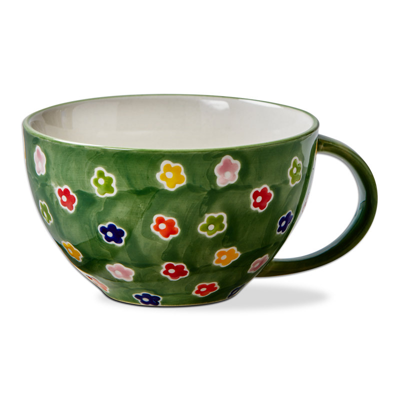Ditzy Flower Latte Mug Green Ceramic Everyday 14 Oz