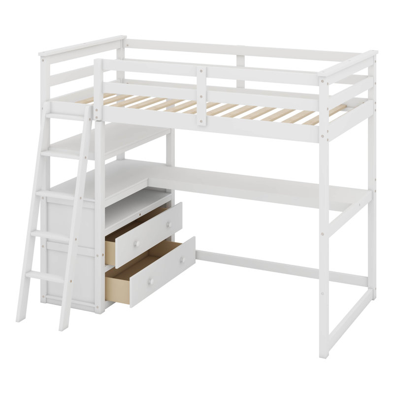 Lit mezzanine simple avec bureau en L, structure de lit mezzanine en bois avec tablettes et 2 tiroirs intégrés, Blanc