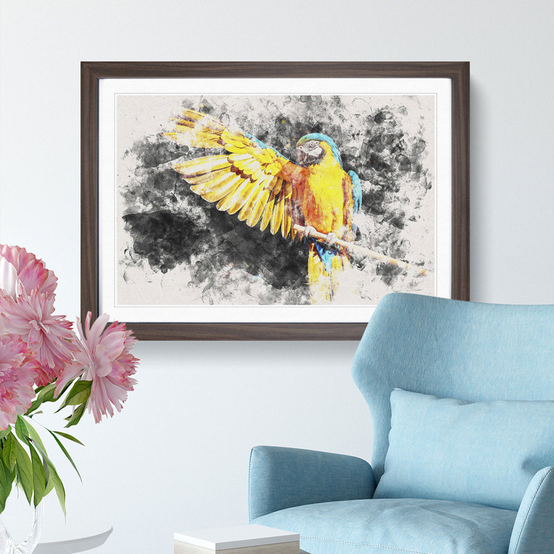 Yellow Macaw Parrot Watercolour - Framed Print, 33cm H x 45cm W x 2cm D, Walnut