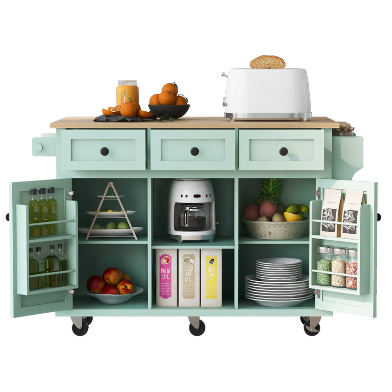 Kitchen Cart With Rubber Wood Drop-Leaf Countertop, Mint Green