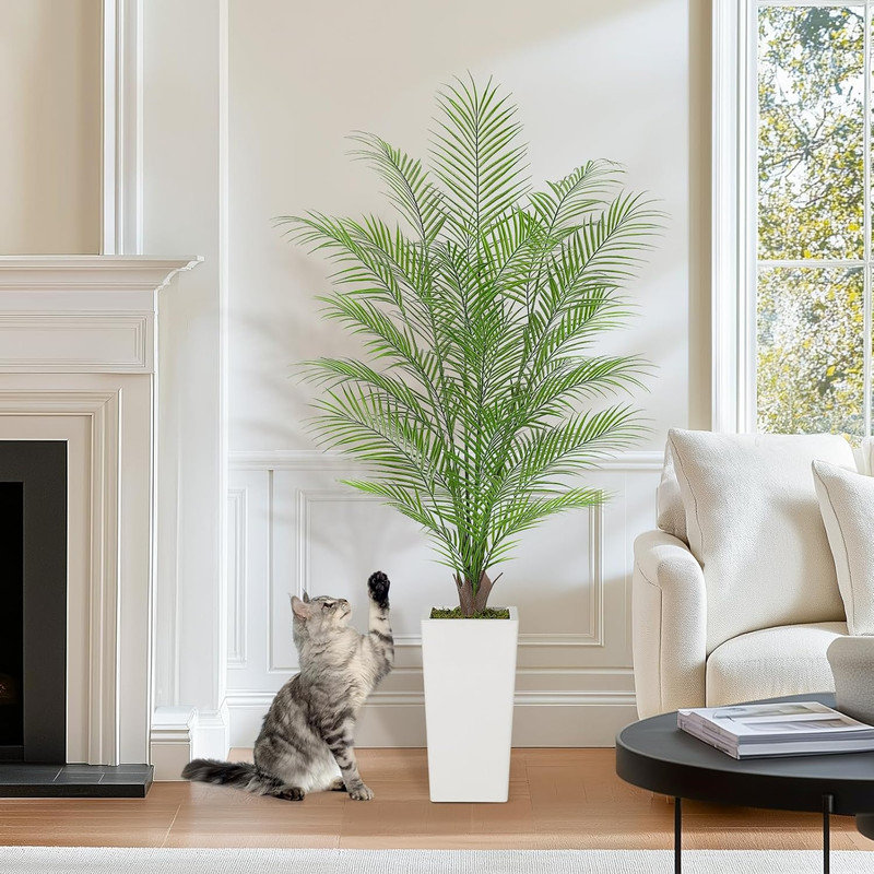 Palmier artificiel 5 pi, faux palmier Areca réaliste avec pot blanc pour décoration intérieure et extérieure, 61 po x 25,5 po