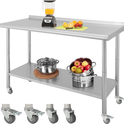 Stainless Steel Kitchen Prep Table with Caster Wheels, Commercial Heavy Duty Workbench with Hooks, Metal Table with Adjustable Height Shelf for Garage, Outdoor