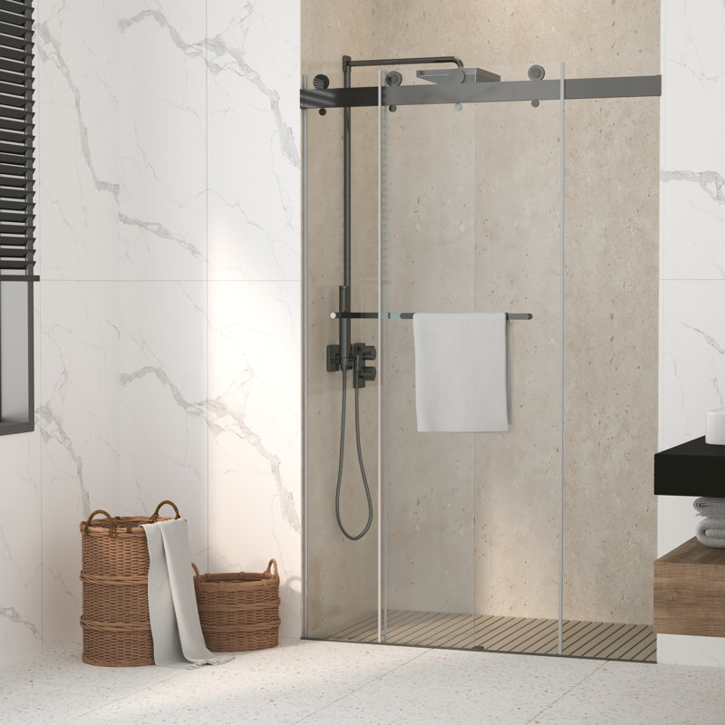 Porte de douche coulissante double sans cadre à fermeture en douceur de 60 po x H 76 po avec verre trempé de 5/16 po (8 mm), bande de rétention d'eau en métal