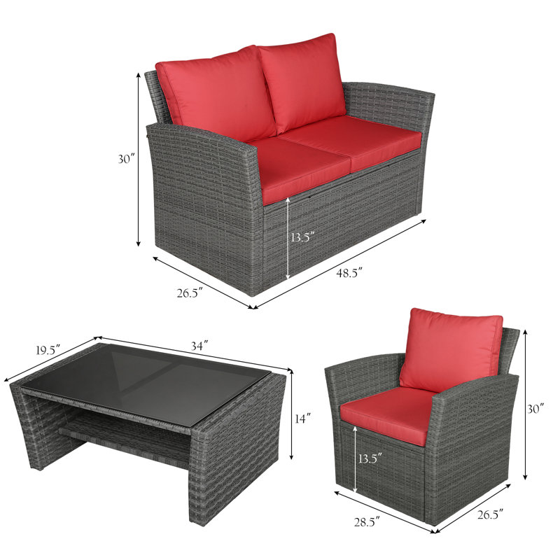 Ensemble de conversation avec canapé et coussins en rotin 4 pièces, Rouge