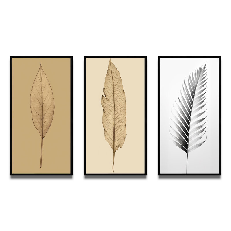 «Minimal Botanicals, feuille simple sur beige II», 3 pièces, Cadre flottant noir, H 40 po x l 60 po