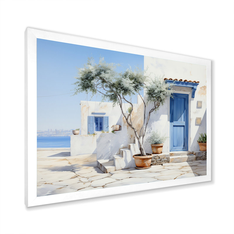 Welke, Grèce, Cycladic Harmony II - Grèce, art mural, H 16 po x l 32 po x P 1 po, Cadre simple blanc