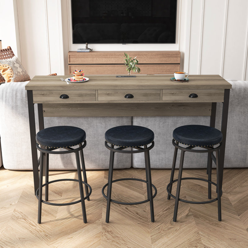 Yaneri Console Table and Stool Set, Bar Table With Stools Breakfast Bars, Wood/Black