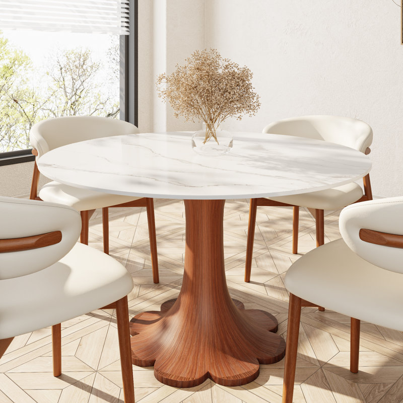 Floral Shape Kitchen Dinner Table For 2/4 Round Stone Solid Wood Pedestal Bistro Table Breakfast Nook Table, Snowy White
