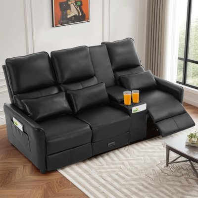 3-Seater Manual Reclining Sofa With Center Console, Cup Holders, USB & Type-C Charging, Hidden Drawer & Pockets