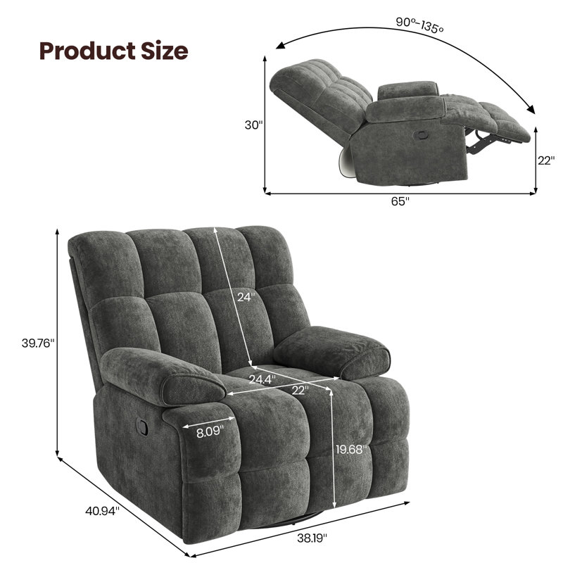 38.19" Wide Chenille Modern Upholstered Manual Swivel Recliner, Standard Recliner, Widened Width, 360° Swivel and Tuxedo Armrests