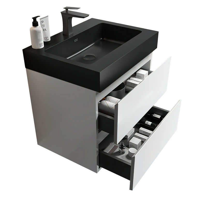 Meuble-lavabo 24 po, blanc / noir, design de pointe, options de rangement généreuses, travail silencieux, meuble-lavabo mural moderne - beauté blanche et noire, rangement élargi, fonction, attrayant biseauté