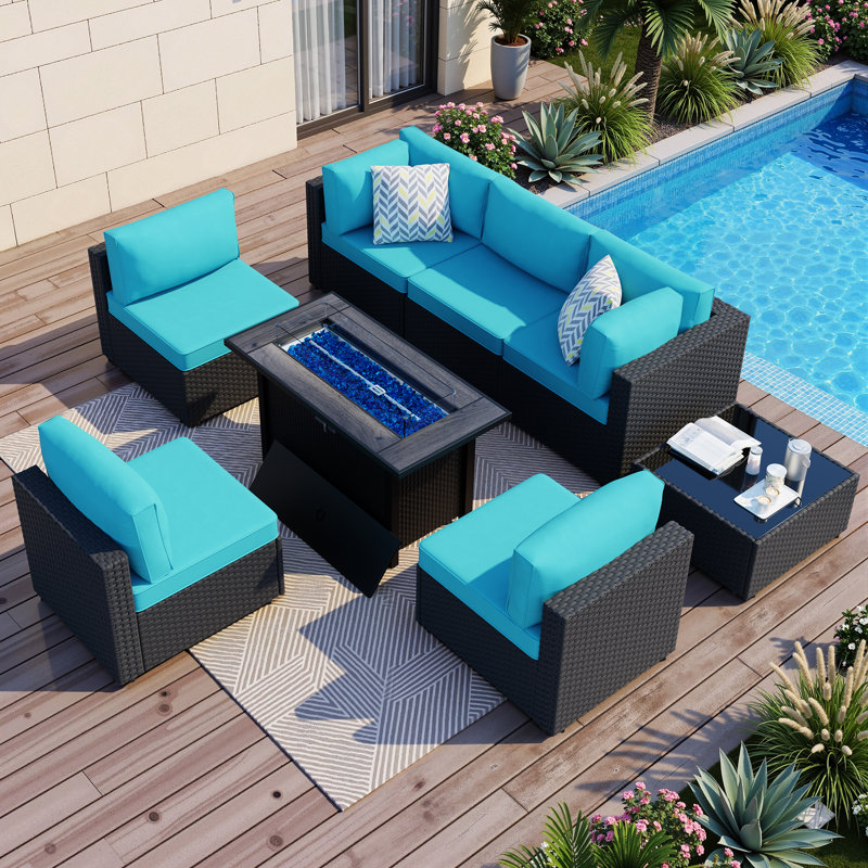 Ensemble de conversation modulaire en osier pour 8 personnes avec coussins et foyer d'extérieur, Bleu, Noir