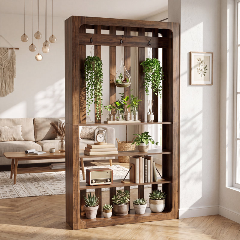 Bibliothèque en bois 70,9 "avec tablettes et crochets à manteau, cloison autoportante pour la maison et le bureau