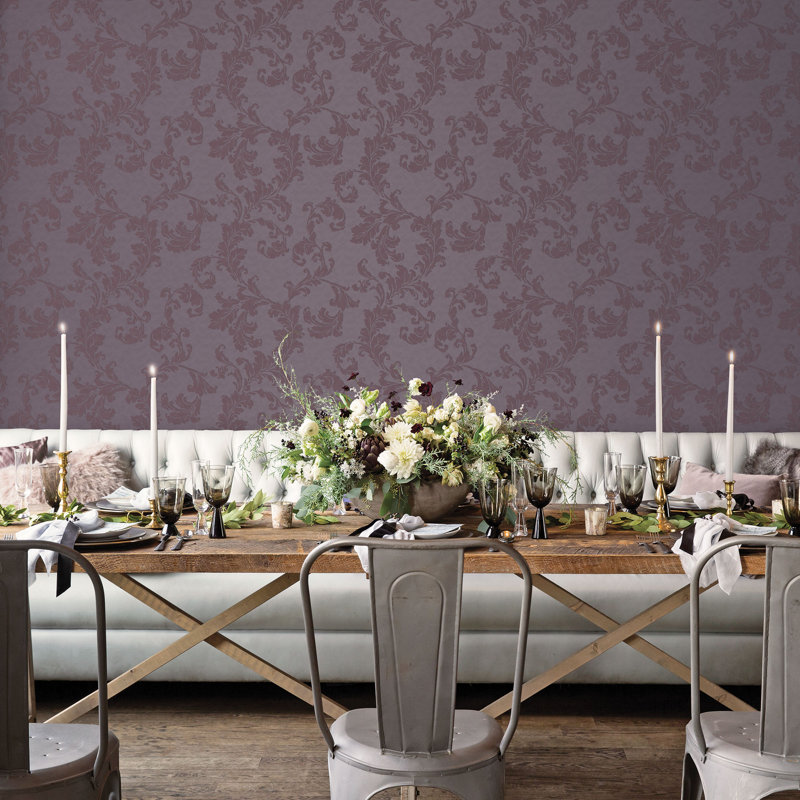 Emporium Glitter Floral Acanthus Trail 3D Embossed 33' L x 21" W Wallpaper Roll, Purple