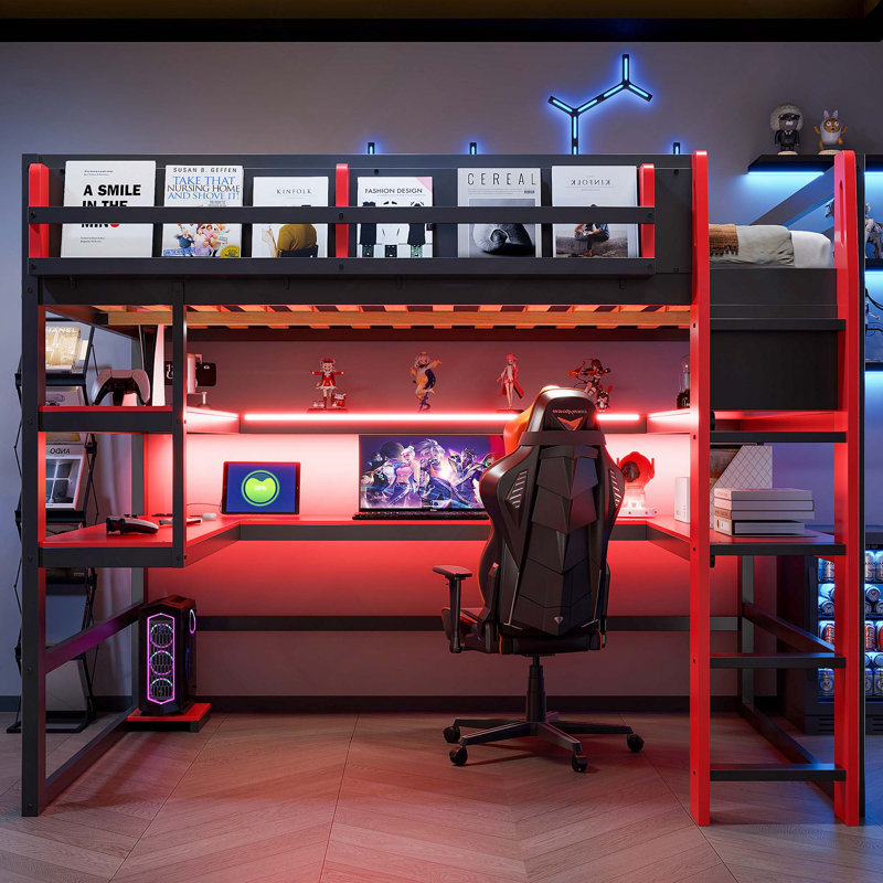 Lit mezzanine en bois avec bureau, support de rangement latéral, tablettes multiples et lumière RVB, Full, Red