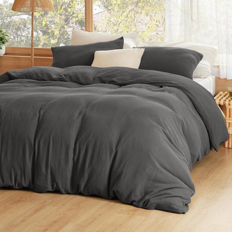 Ensemble de housse pour couette 100% coton, Housse de couette pour grand lit + 2 taies décora, Gris foncé